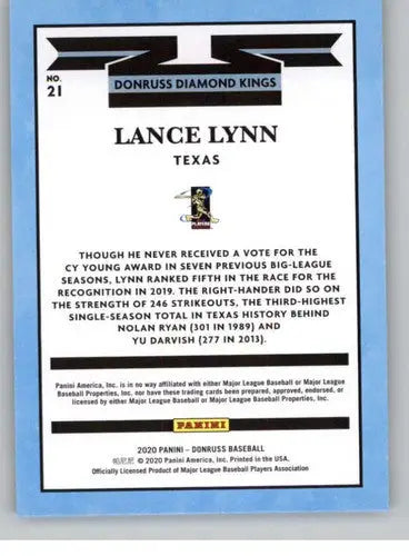 Lance Lynn baseball card from 2020 Donruss with original gloss, NM-MT condition