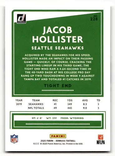 2020 Donruss #228 Jacob Hollister Seattle Seahawks Football Cards NM ID:55791 - Football Card Single