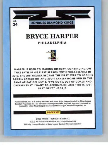 Original gloss Bryce Harper baseball card from 2020 Donruss #24 Phillies featuring Simply Sandoval