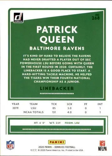 Original gloss Patrick Queen football card from 2020 Donruss #268 Ravens product