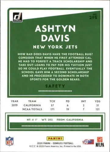 Original gloss of Ashtyn Davis football card from 2020 Donruss featuring NY Jets