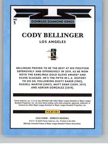 Original gloss baseball trading card of Cody Bellinger from 2020 Donruss Simply Sandoval series