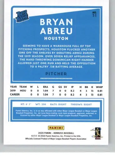 2020 Donruss #31 Bryan Abreu NM-MT RC Rookie Astros - Baseball Card Single