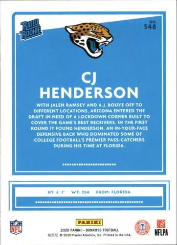 2020 Donruss CJ Henderson football card with original gloss from Simply Sandoval rarity