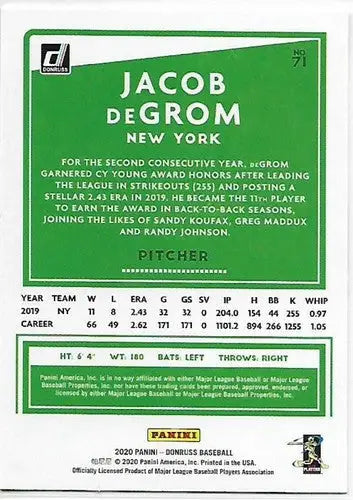 Original gloss Jacob DeGrom baseball card from 2020 Donruss Mets collection