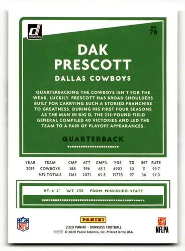 2020 Donruss #78 Dak Prescott Dallas Cowboys Football Cards NM Near ID:55790 - Football Card Single