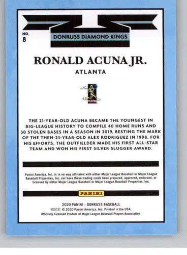 Original gloss of Ronald Acuna Jr. baseball card from 2020 Donruss Braves series