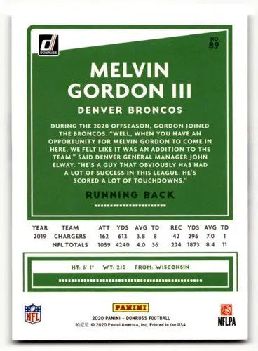 2020 Donruss #89 Melvin Gordon III Denver Broncos Football Cards NM ID:55787 - Football Card Single