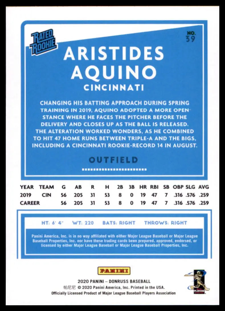2020 Donruss Aristides Aquino RC 39 Cincinnati Reds NM - Baseball Card Single