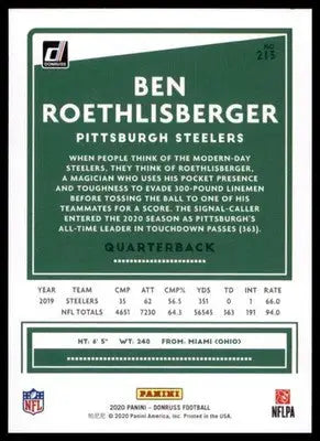 2020 Donruss Ben Roethlisberger 213 Pittsburgh Steelers - Football Card Single