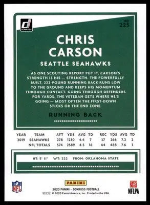 2020 Donruss Chris Carson 223 Seattle Seahawks - Football Card Single