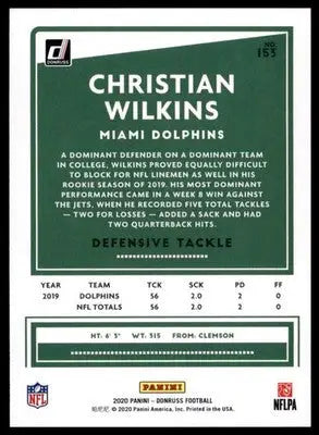 2020 Donruss Christian Wilkins 153 Miami Dolphins - Football Card Single