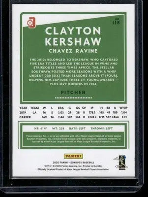 2020 Donruss Clayton Kershaw #118 Baseball - Baseball Card Single