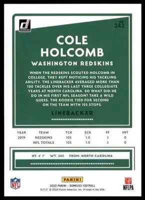 2020 Donruss Cole Holcomb 242 Washington Redskins - Football Card Single