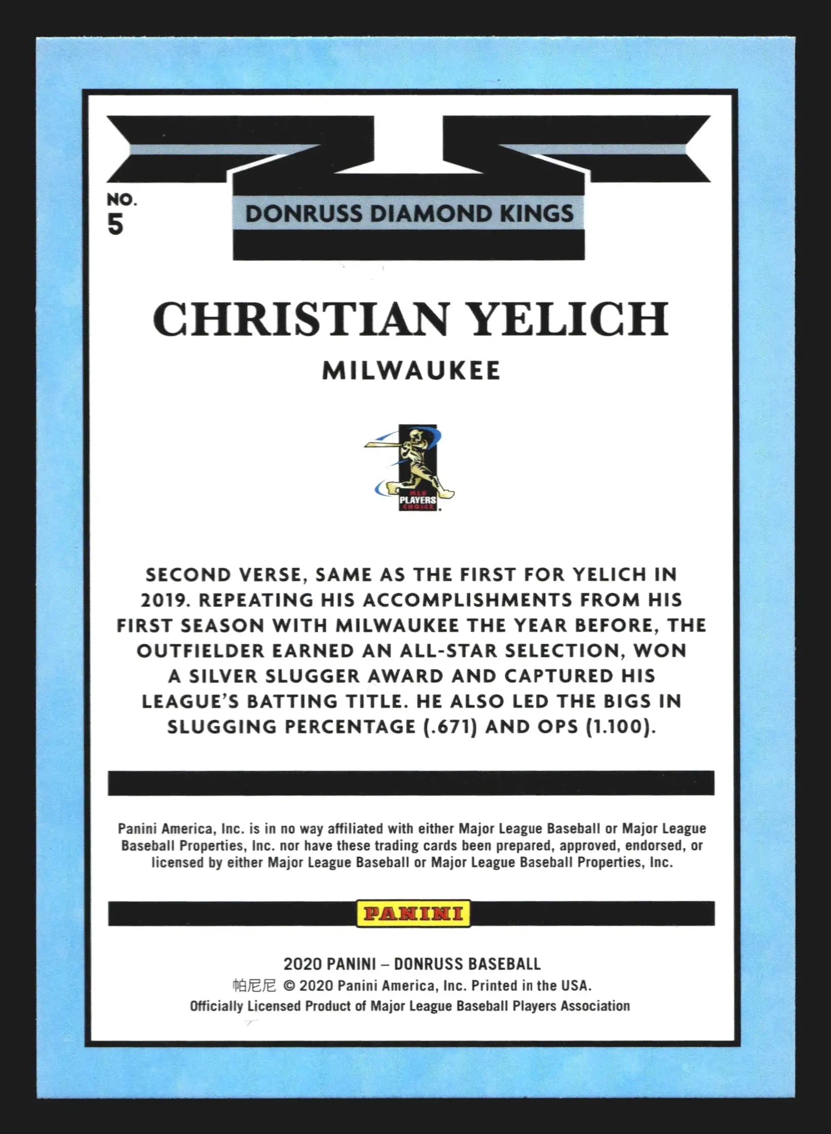 2020 Donruss Diamond Kings #5 Christian Yelich Milwaukee Brewers - Baseball Card Single