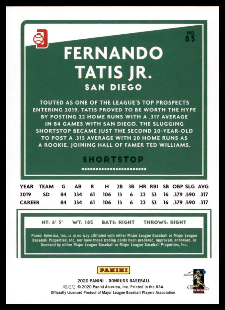 2020 Donruss Fernando Tatis Jr. 83 San Diego Padres NM - Baseball Card Single