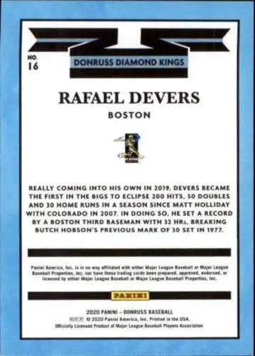 Baseball card back showing original gloss and donruss holo orange design for Rafael Devers