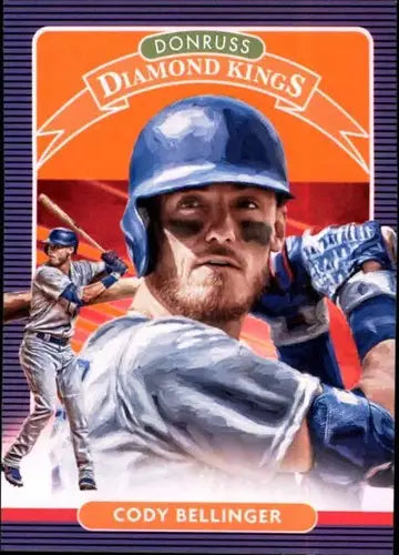 Baseball trading card featuring Cody Bellinger in a blue helmet from 2020 Donruss Holo Orange series