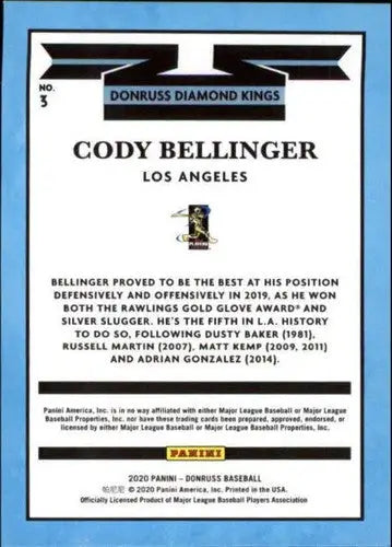 Back of 2020 Donruss Holo Orange Cody Bellinger baseball card featuring detailed card back
