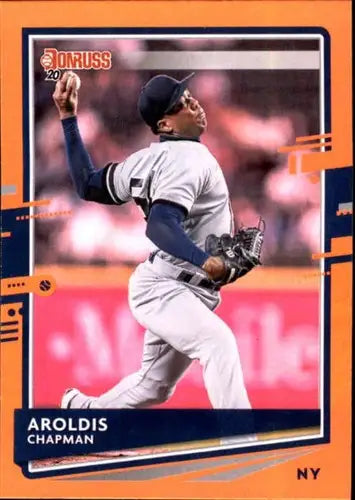 Baseball trading card featuring Aroldis Chapman pitching for the New York Yankees, Donruss Holo Orange