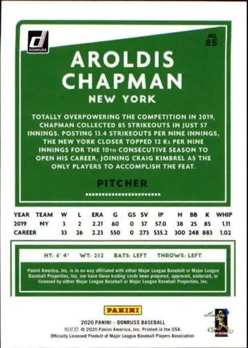 Baseball card featuring Aroldis Chapman with career stats from 2020 Donruss Holo Orange series