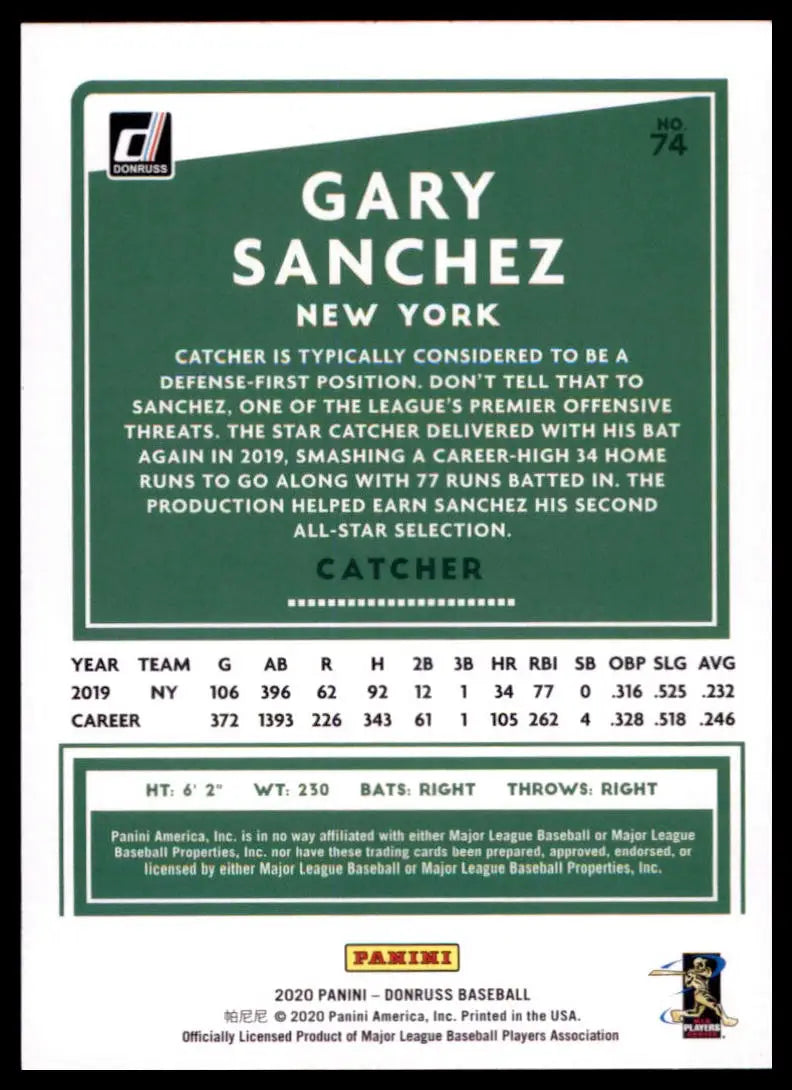 2020 Donruss - Holo Orange Gary Sanchez 74 New York Yankees NM - Baseball Card Single