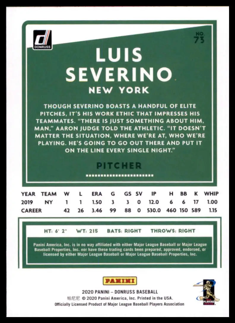 2020 Donruss - Holo Orange Luis Severino 73 New York Yankees Baseball NM - Baseball Card Single