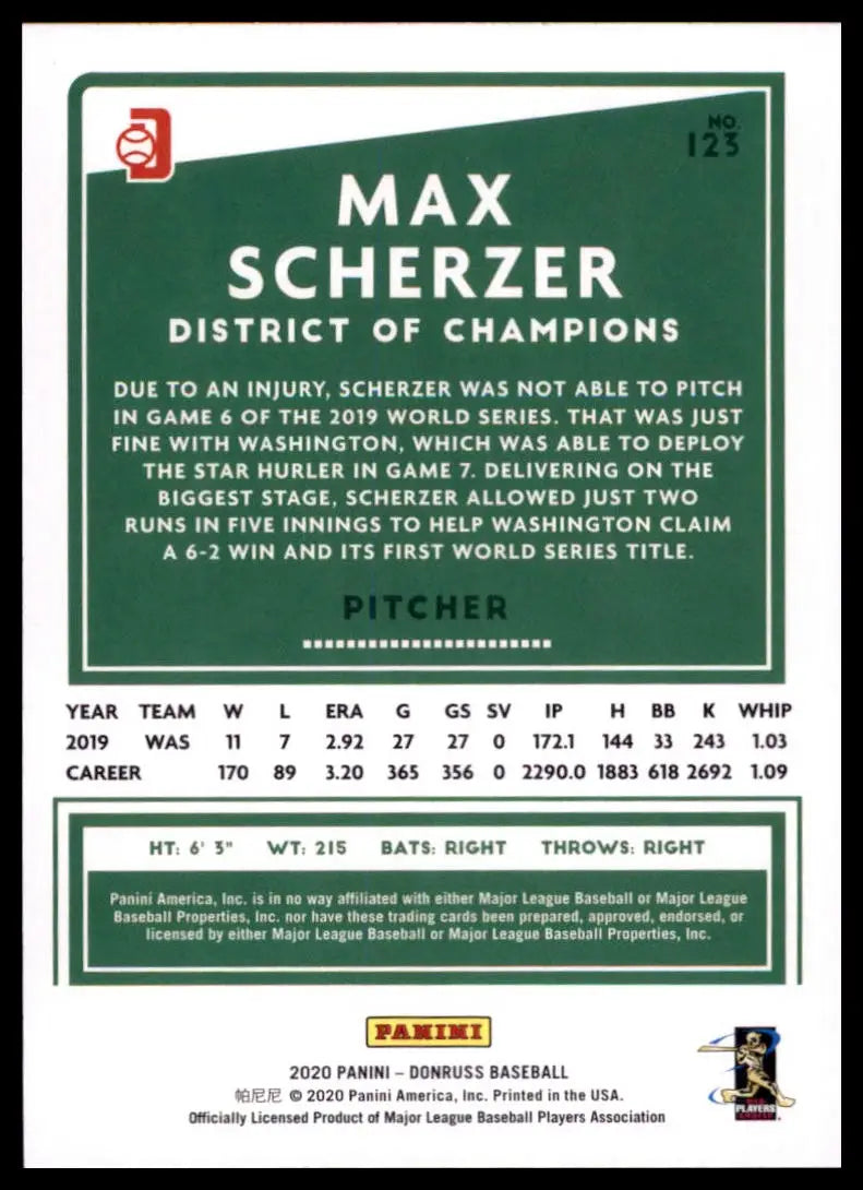 2020 Donruss - Holo Orange Max Scherzer 123 Washington Nationals Baseball NM - Baseball Card Single