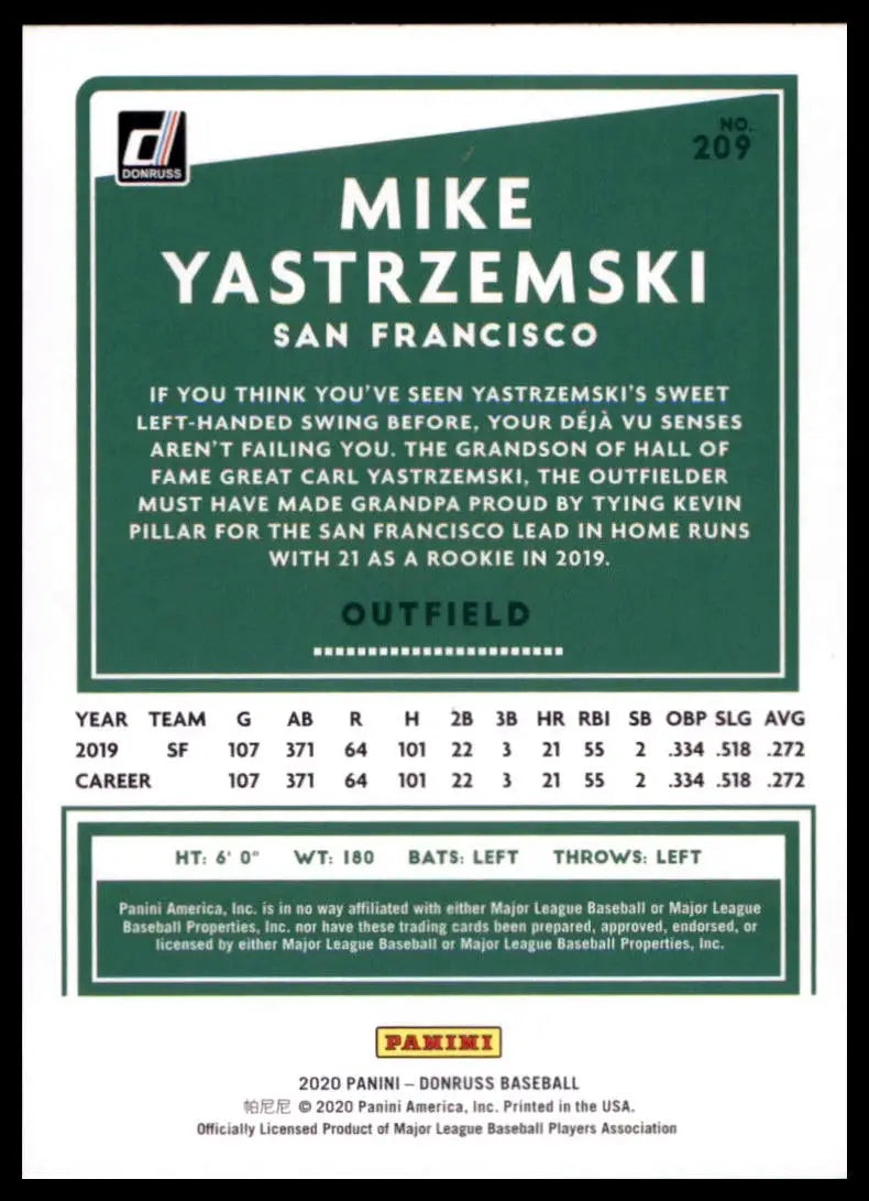 2020 Donruss - Holo Orange Mike Yastrzemski 209 San Francisco Giants NM - Baseball Card Single