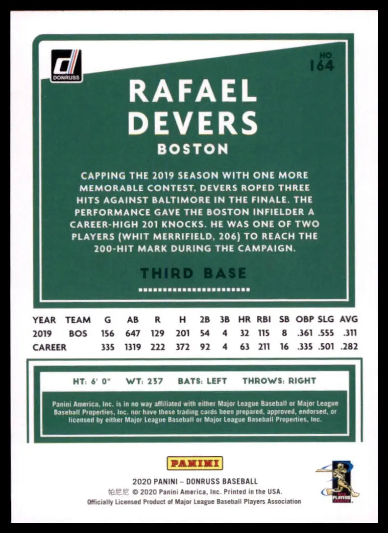 2020 Donruss - Holo Orange Rafael Devers 164 Boston Red Sox Baseball NM - Baseball Card Single