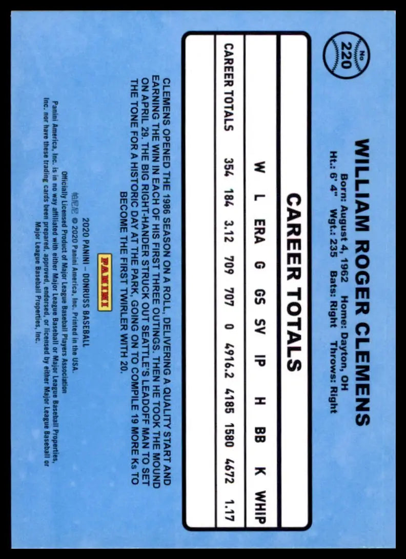 2020 Donruss - Holo Orange Roger Clemens 220 Boston Red Sox NM - Baseball Card Single