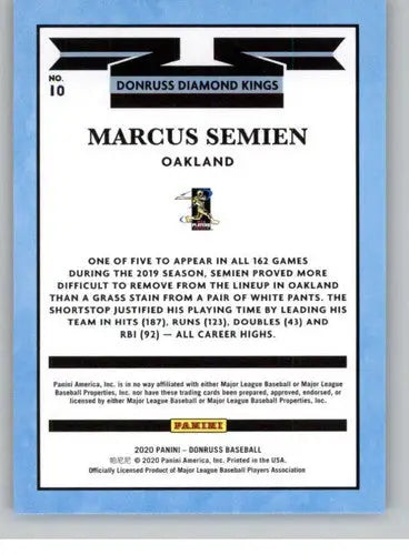 2020 Donruss Holo Purple Marcus Semien baseball card featuring Holo Purple distribution