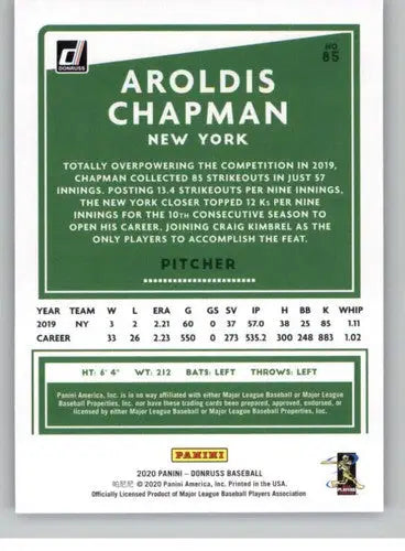 Back of 2020 Panini Donruss Holo Purple Aroldis Chapman baseball card with original gloss