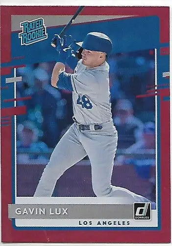 Gavin Lux baseball card from 2020 Donruss Holo Red series, rookie Dodgers card