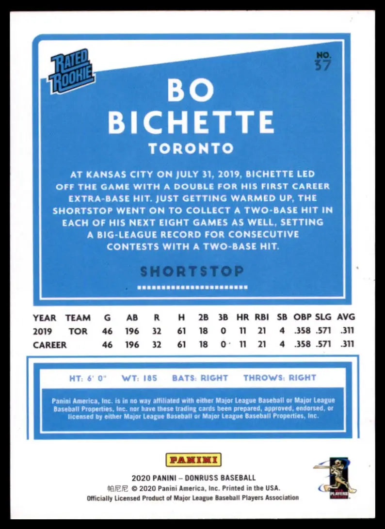 2020 Donruss - Holo Red Bo Bichette 37 Toronto Blue Jays NM - Baseball Card Single