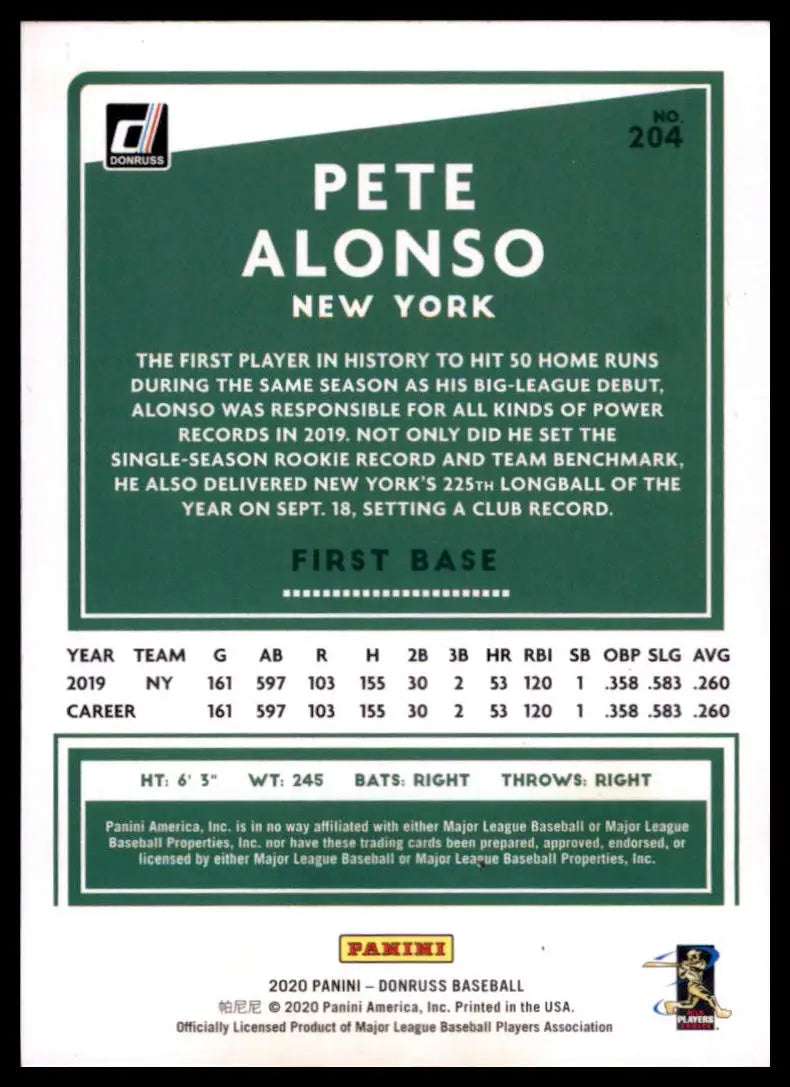 2020 Donruss - Holo Red Pete Alonso 204 New York Mets Baseball NM - Baseball Card Single