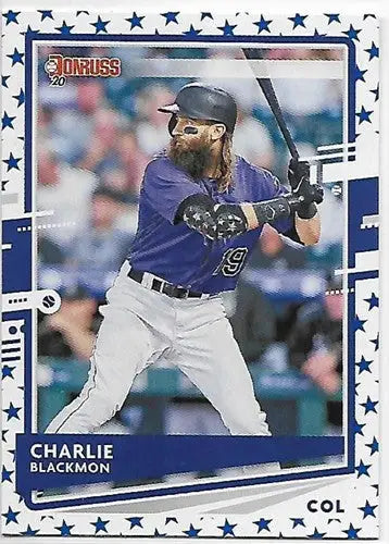 Baseball trading card of Charlie Blackmon in purple jersey from 2020 Donruss Independence Day