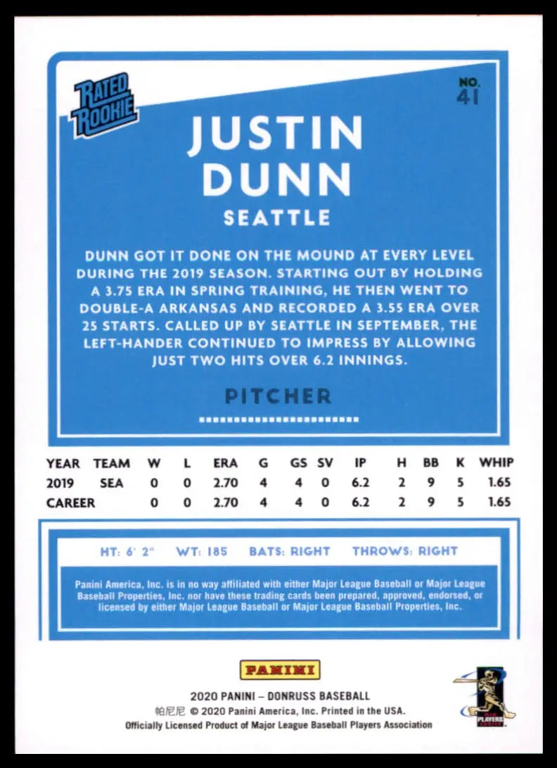 2020 Donruss Justin Dunn RC 41 Seattle Mariners NM - Baseball Card Single