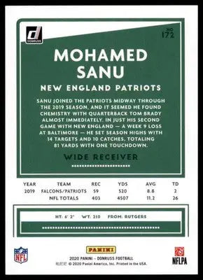 2020 Donruss Mohamed Sanu 172 New England Patriots - Football Card Single