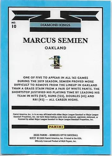 2020 Donruss Optic Marcus Semien baseball card with original gloss NM-MT