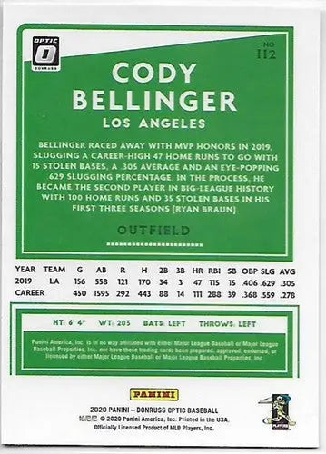 Original gloss Donruss Optic Cody Bellinger baseball card featuring Josh Donaldson Twins