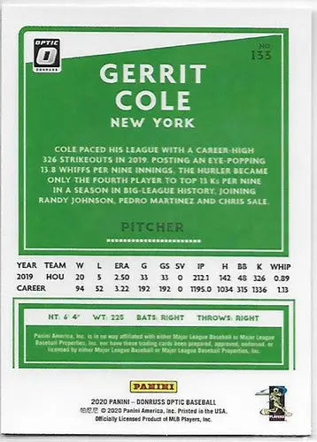 2020 Donruss Optic Gerrit Cole baseball card with original gloss Yankees NM-MT