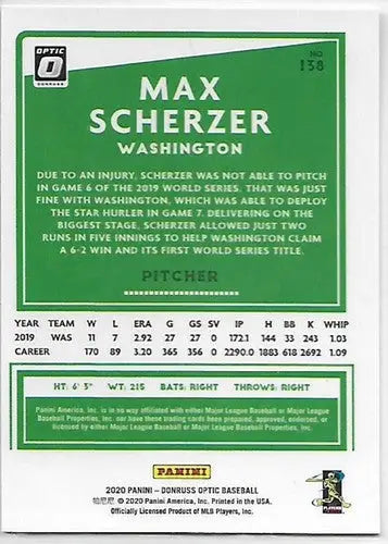 2020 Donruss Optic #138 Max Scherzer NM-MT Nationals - Baseball Card Single