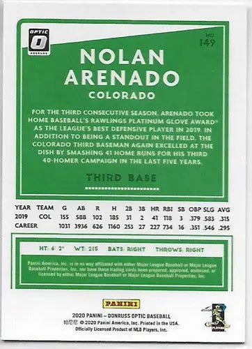 2020 Donruss Optic Nolan Arenado baseball card with original gloss and Rockies team