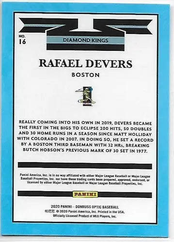 Rafael Devers baseball card from Donruss Optic with original gloss, 2020 Red Sox