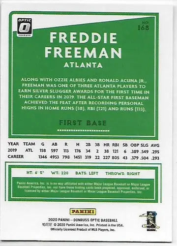Back of a Freddie Freeman baseball card from 2020 Donruss Optic with original gloss