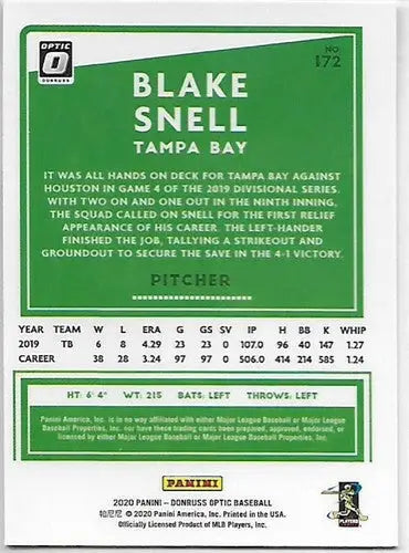 2020 Donruss Optic Blake Snell baseball card with original gloss and Rays branding