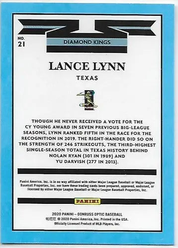 2020 Donruss Optic Lance Lynn baseball card with original gloss, Rangers collectible