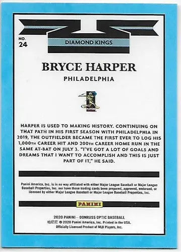 Bryce Harper 2020 Donruss Optic baseball card back with original gloss and detailed info