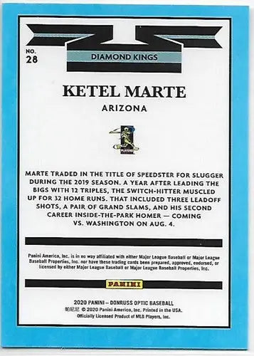 Baseball card back featuring Donruss Optic Ketel Marte original gloss for 2020 Donruss Optic #28